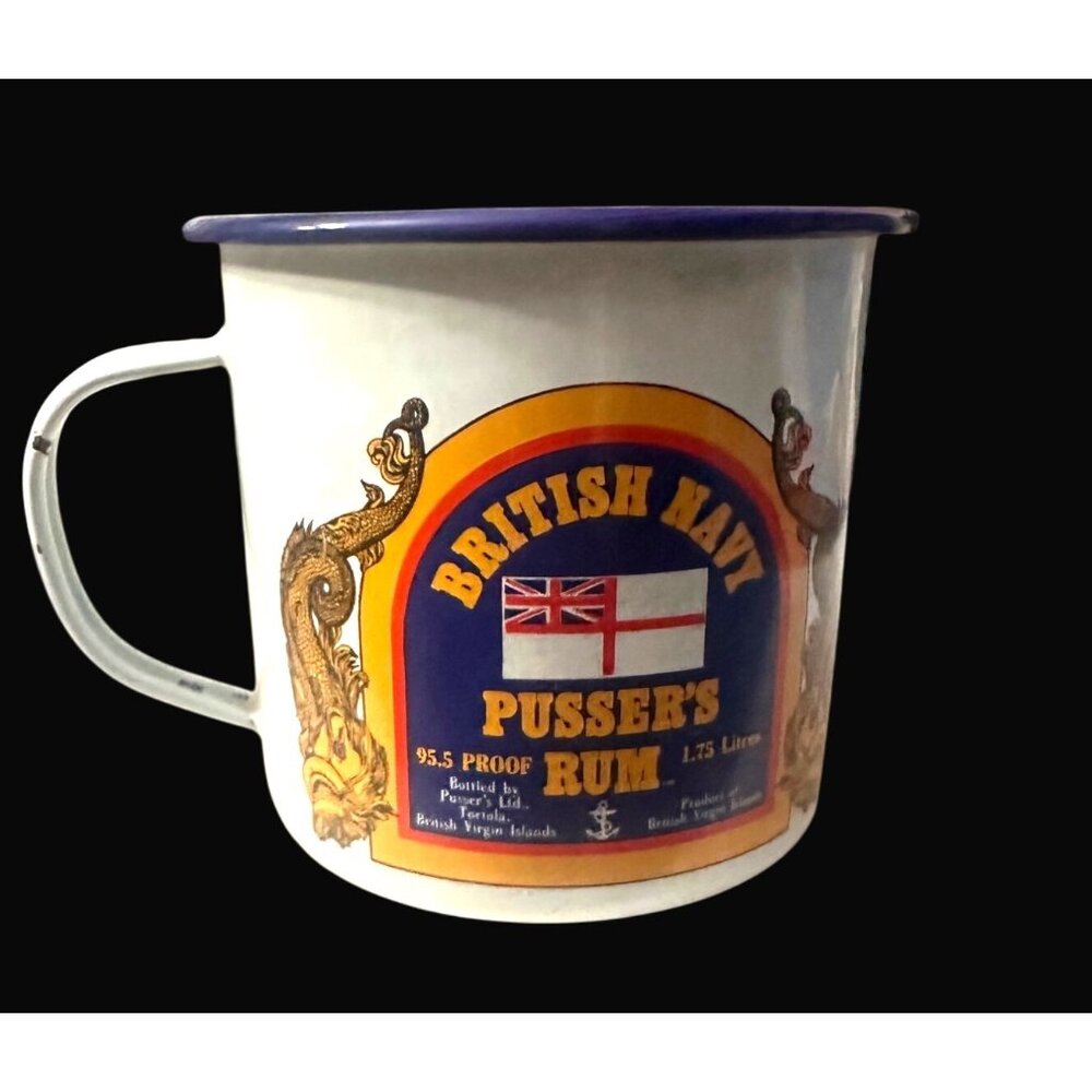 British Navy Pussers Rum Enamelware Mug With Handle 1.75L Hand Decorated Tortola